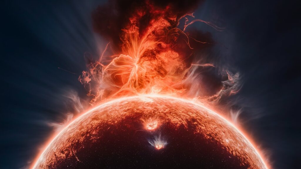Photorealistic image of a solar storm with intense solar flares erupting from the sun's surface, highlighting the power and intensity of a geomagnetic event.