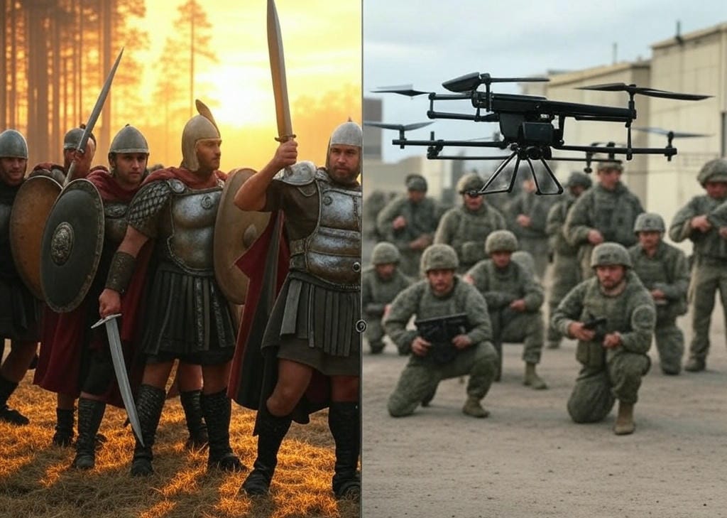 Military Tactics evolve from ancient swords and shields to modern drone warfare, illustrating tech-driven shifts in warfare history.