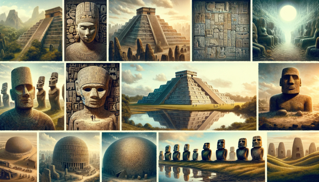 Collage of Lost Civilizations - Maya Stone Carvings, Khmer Empire's Angkor Wat, Indus Civilization Ruins, Easter Island Moai Statues, Çatalhöyük's Urban Structure, and Mississippians' Earthen Mounds