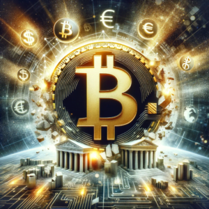 Conceptual illustration of Bitcoin's dominance over traditional financial symbols, depicting a golden Bitcoin with radiating light amidst fading traditional currency symbols in a digital landscape