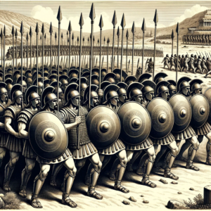 Illustration of Greek Phalanx in ancient warfare, showing hoplites in formation with spears and shields on a Greek battlefield.