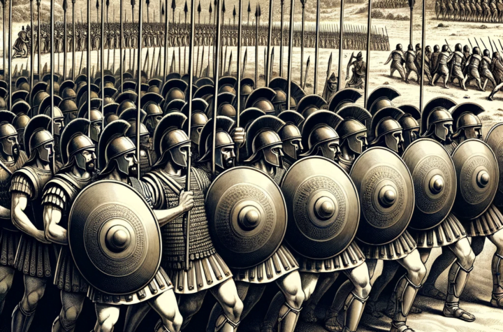 Illustration of Greek Phalanx in ancient warfare, showing hoplites in formation with spears and shields on a Greek battlefield.