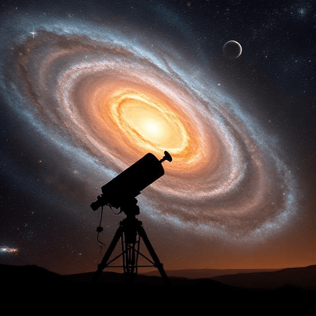 extraterrestrial life: Telescope against a galaxy backdrop with exoplanets and radio waves in the search for extraterrestrial life and universe exploration.