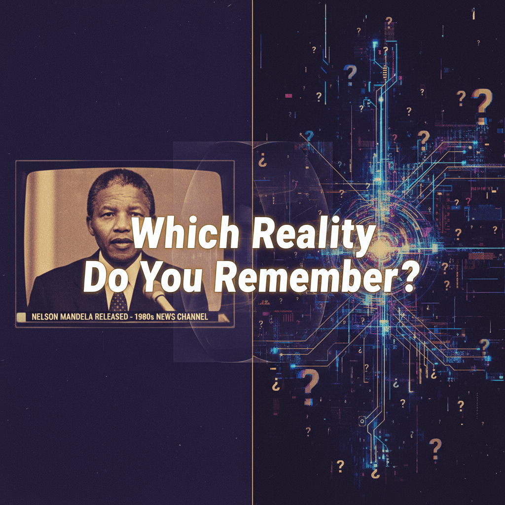 Split-screen conceptual image showing 1980s Nelson Mandela imagery on left transitioning to digital glitch effect on right, representing alternate reality memories in the Mandela Effect phenomenon