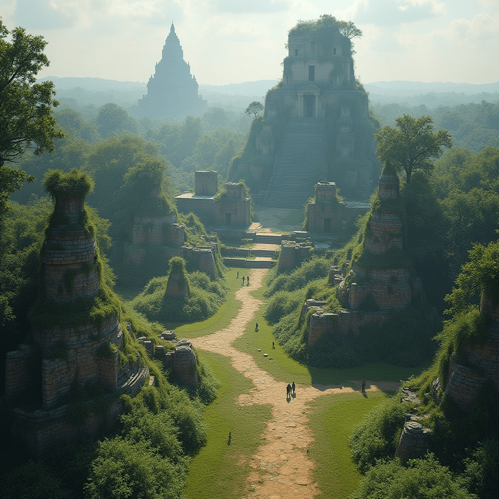 representation of the ruins of an ancient civilization, showcasing a forgotten city with towering structures, overgrown with nature, representing lost civilizations like the Maya, Khmer, and Indus.