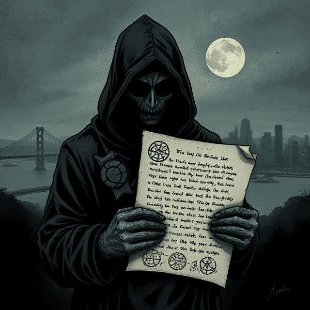Zodiac Killer holding a cipher letter with San Francisco skyline, unsolved mysteries intrigue.