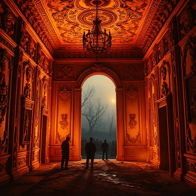  A glowing amber-paneled room with ornate carvings, half-faded into a dark, war-torn landscape with Nazi soldiers in the shadows.