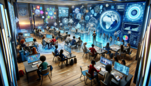 Futuristic virtual classroom in the Metaverse with diverse students engaging in interactive learning.