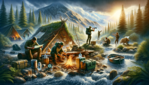 Group of diverse individuals demonstrating essential survival skills in a wilderness setting, including shelter building, water purification, navigation, and signaling for help.