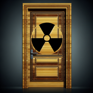 A sturdy apartment door with a nuclear fallout shelter symbol.