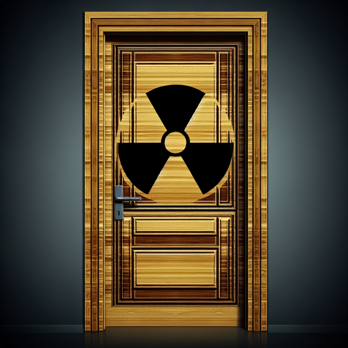 A sturdy apartment door with a nuclear fallout shelter symbol.