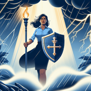 Confident South Asian woman holding a shield with crossed sword and torch, standing amidst stormy environment.
