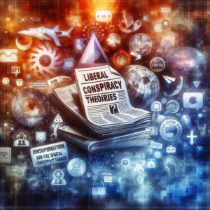 Conceptual image representing the influence of liberal conspiracy theories in the digital age, blending traditional and modern media symbols with abstract misinformation motifs.