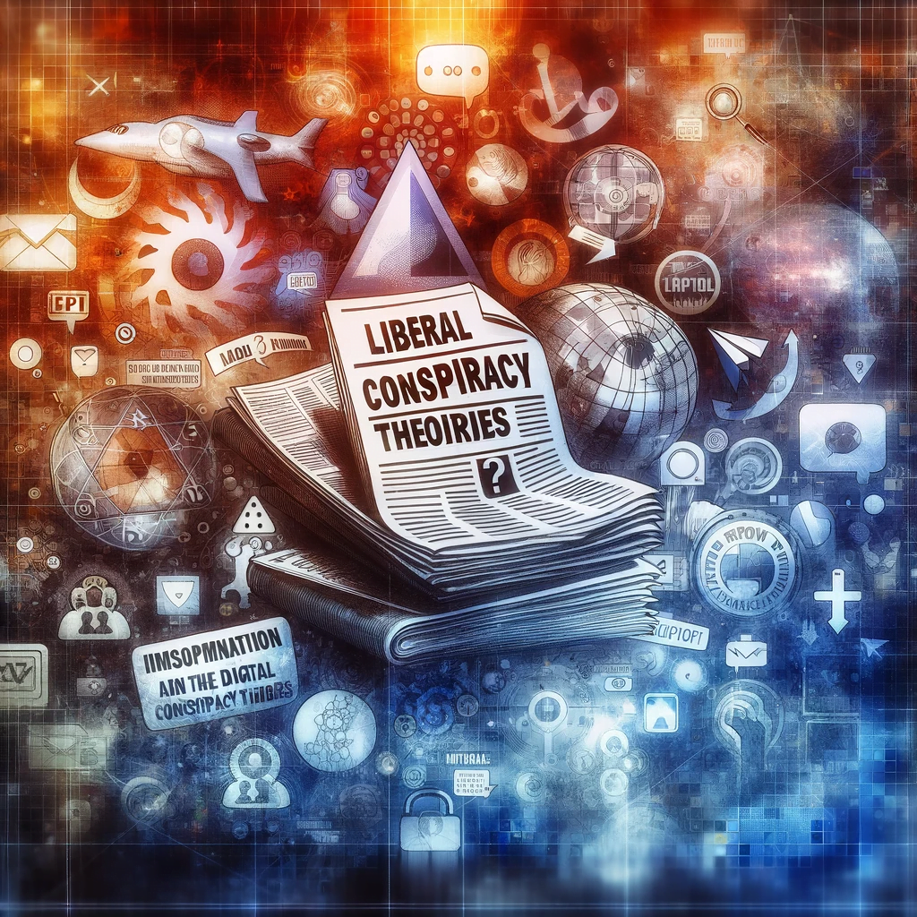 Conceptual image representing the influence of liberal conspiracy theories in the digital age, blending traditional and modern media symbols with abstract misinformation motifs.