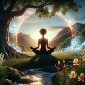 A Black woman meditating in a serene natural setting with lush grasses, wildflowers, an old oak tree, a crystalline stream, and mountains in the background, shimmering with warm light.