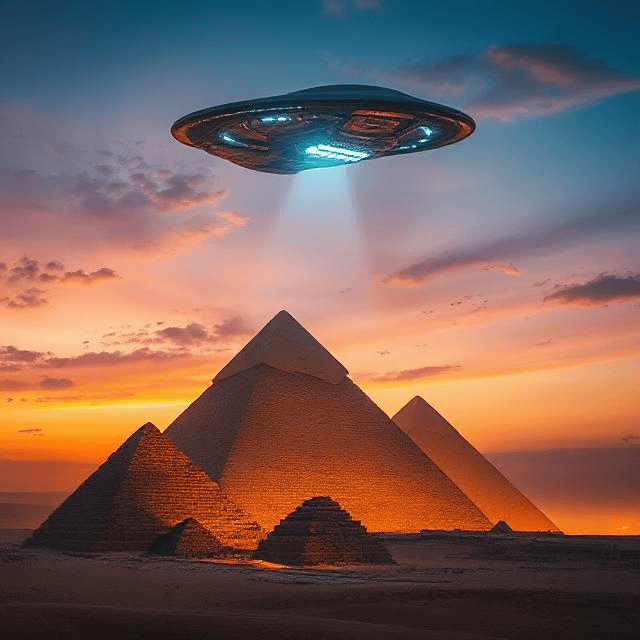 Ancient aliens theory vision of an extraterrestrial spacecraft over the Great Pyramid, merging history with cosmic intrigue.