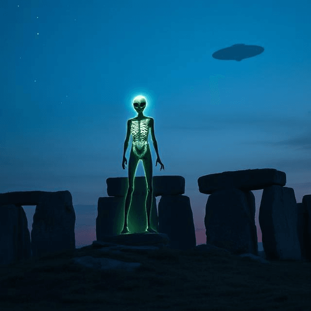 Ancient aliens theory scene of an extraterrestrial at Stonehenge, blending cosmic mystery with historical wonder.