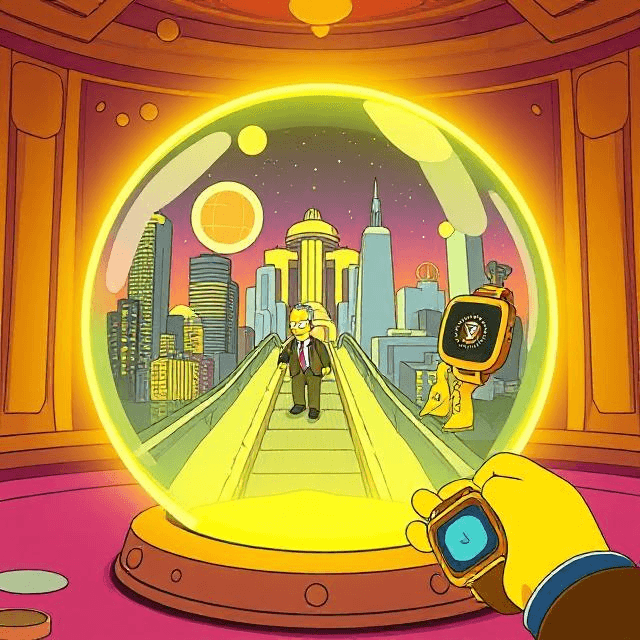 Simpsons predictions come alive in a glowing crystal ball with futuristic scenes and smartwatch vibes.
