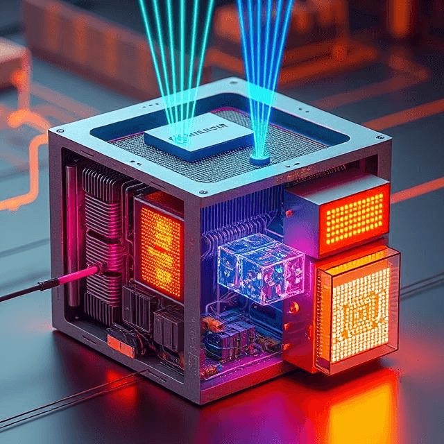Inside quantum computer hardware architecture with qubits and cooling systems.