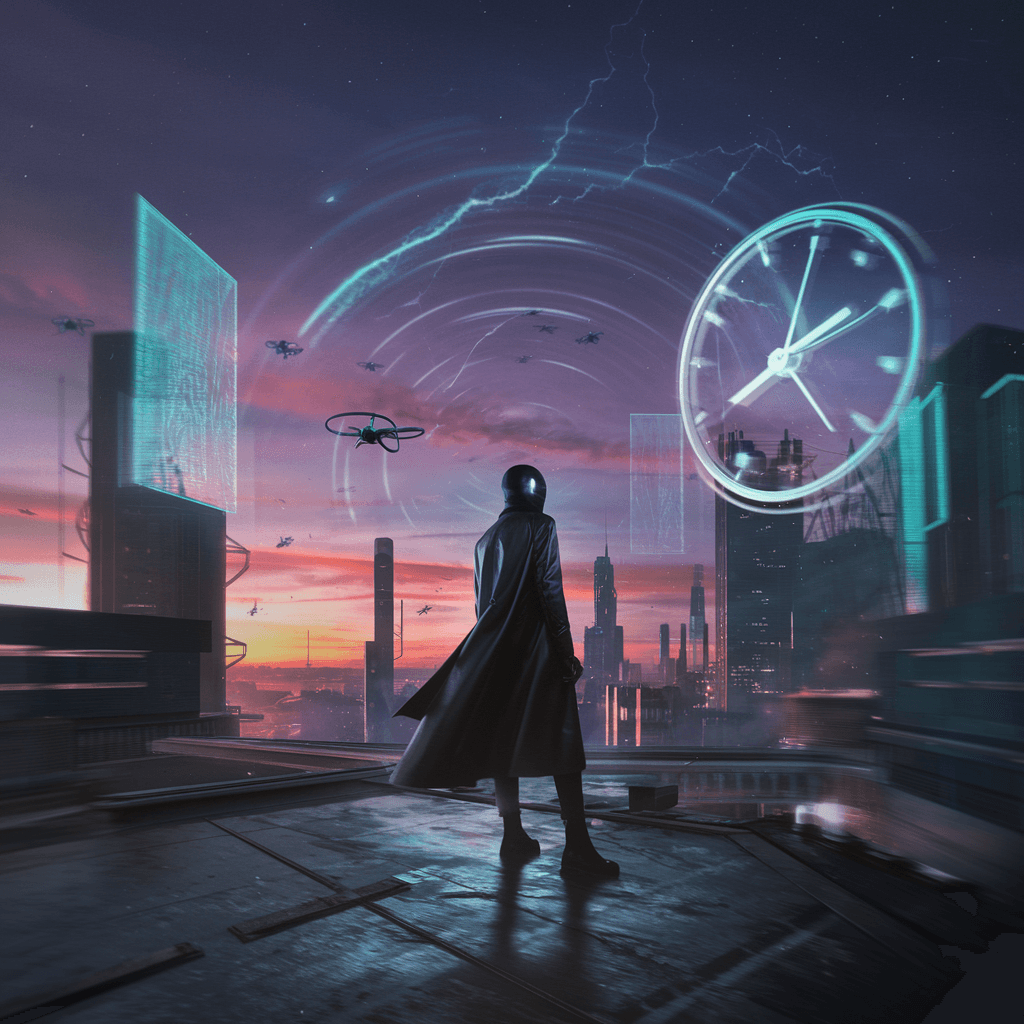 Enigmatic figure overlooking a neon-lit city with a swirling time portal, symbolizing Adam Archon time travel claims for 2025.