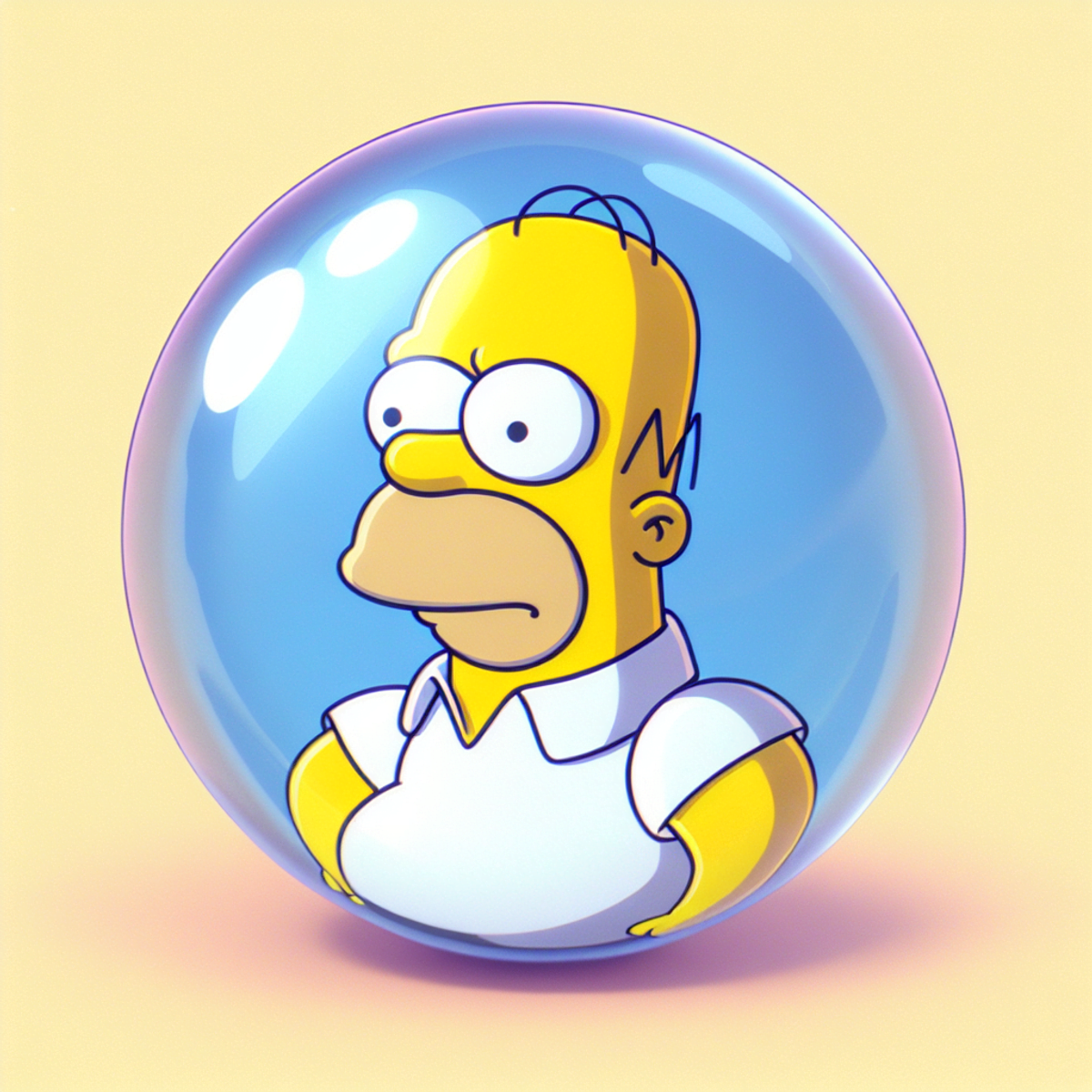 Cartoon character with yellow skin, bald head, and white shirt reflected in a crystal ball.
