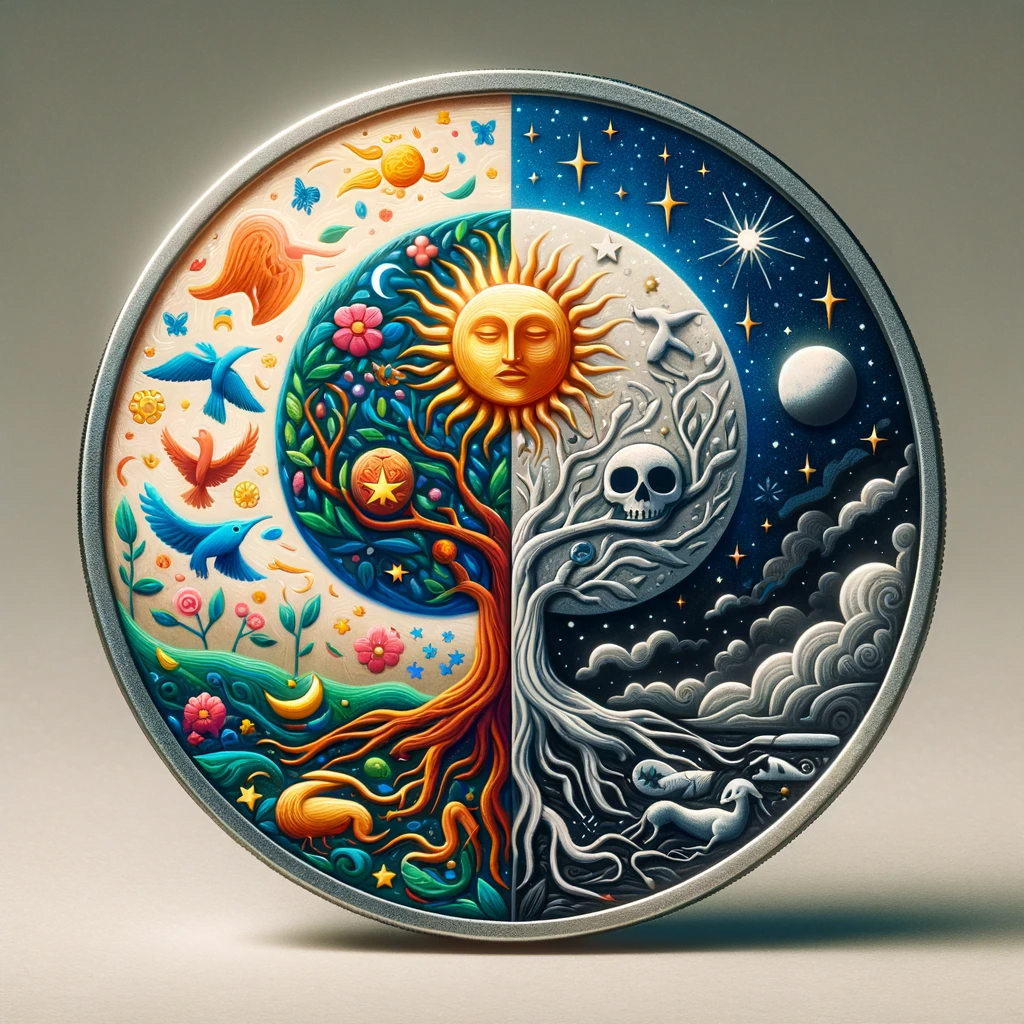 Symbolic coin with one side depicting vibrant life and the other serene death, representing the cycle of life and death.