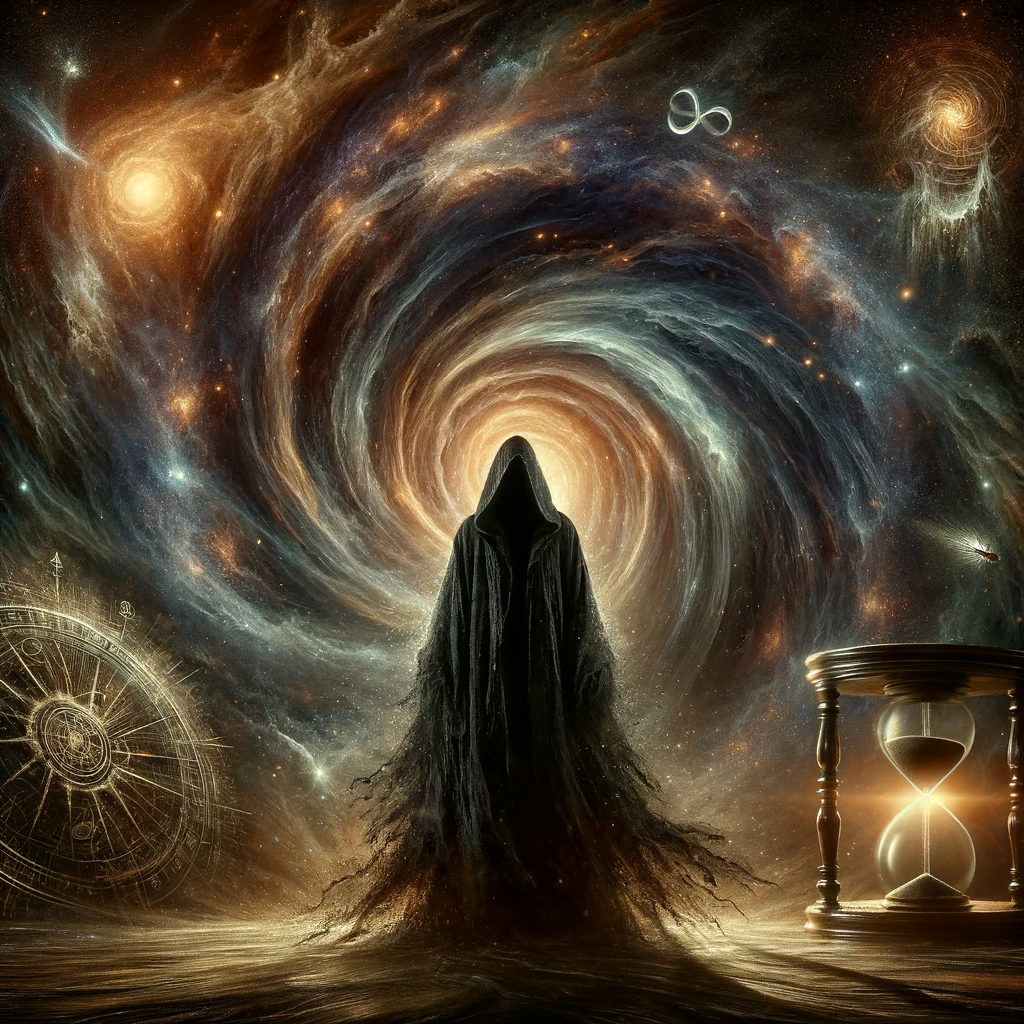 An enigmatic figure shrouded in a cloak stands before a swirling galaxy, with symbols of infinity, an hourglass, and astrological elements hinting at the mysteries of time travel.
