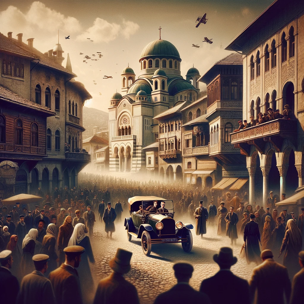 A 1914 scene in Sarajevo with a bustling crowd and an open-top car, symbolizing the moments before Archduke Franz Ferdinand's assassination, highlighting the Austro-Hungarian influence and the socio-political tensions of the era