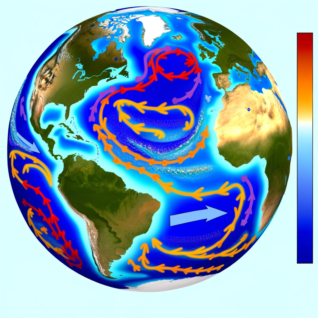 Dynamic illustration of the Atlantic Meridional Overturning Circulation (AMOC) demonstrating its significance in regulating Earth's climate and affecting marine ecosystems.