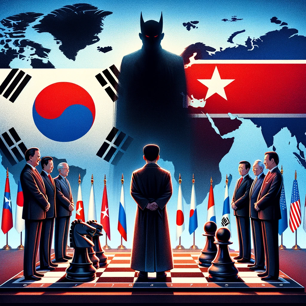 International Diplomacy Chessboard: South Korea, US, Japan vs. North Korea and Russia