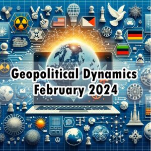 A conceptual visualization of global geopolitical dynamics featuring symbols like a globe, chess pieces for strategy, digital elements for cybersecurity, a peace dove for non-proliferation, and varied geographical landscapes representing the diversity of global geopolitics.