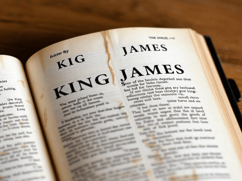 An open King James Bible with worn pages, symbolizing its historical and spiritual legacy.