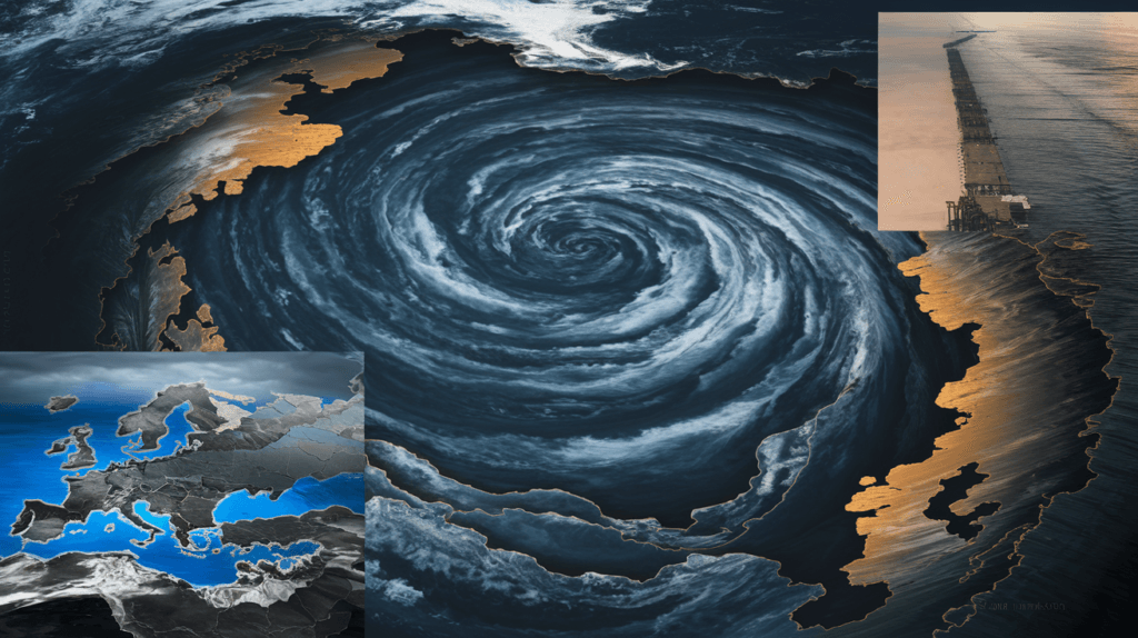 A digital visualization of the weakening AMOC collapse, showing disrupted ocean currents, storm clouds over Europe, and rising sea levels along the US coast.