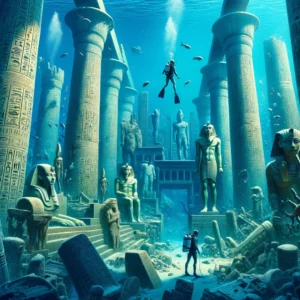 Underwater ruins of Thonis-Heracleion, the ancient Egyptian city, with diver exploring the site.