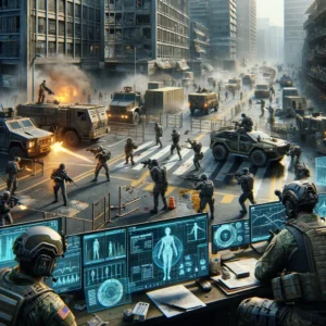 Military strategists and soldiers executing CONPLAN 8888 in a post-apocalyptic city against zombies.