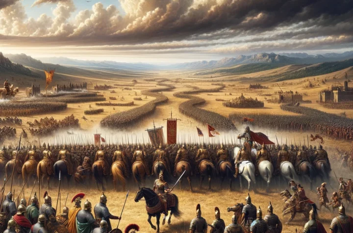Battle of Adrianople depicting Eastern Roman army led by Emperor Valens facing Gothic rebels in Thracia