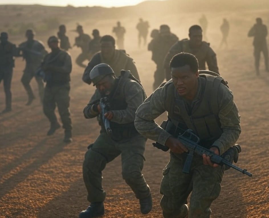 PMCs in African conflicts: Black African mercenaries in intense combat on a rugged African battlefield, showcasing the grit and chaos of modern warfare, 2020–2025.