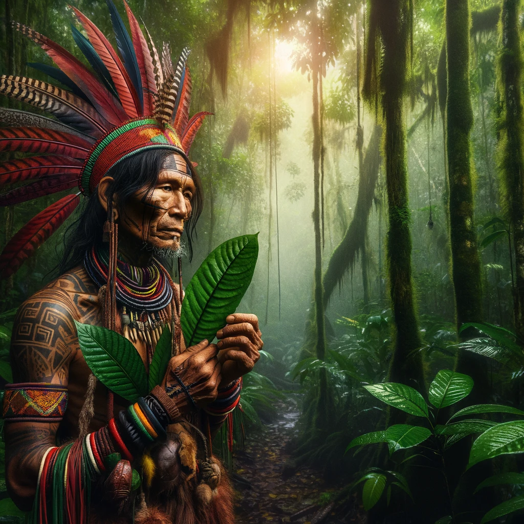 Yanomami shaman in traditional attire in the Amazon rainforest.