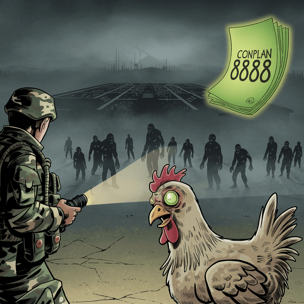 Conplan 8888 cover art: A soldier faces a Chicken Zombie at a foggy base, with the Pentagon zombie plan glowing and undead hordes lurking.