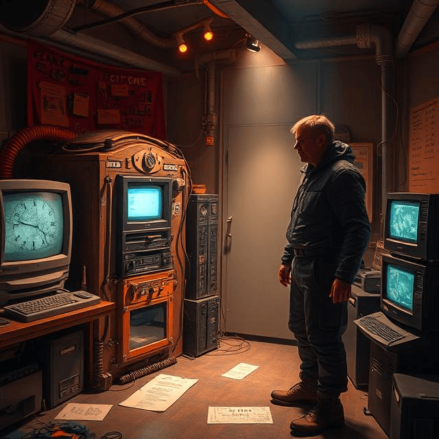 A mysterious man, John Titor, standing beside a bulky time machine with glowing dials and tangled wires, in a dimly lit, retro-futuristic room filled with old computers and cryptic notes.