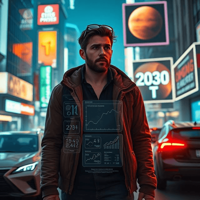 A futuristic man, Noah, standing in a neon-lit cityscape with AI-driven technology, self-driving cars, and a Mars colonization poster, while a holographic screen displays climate predictions.