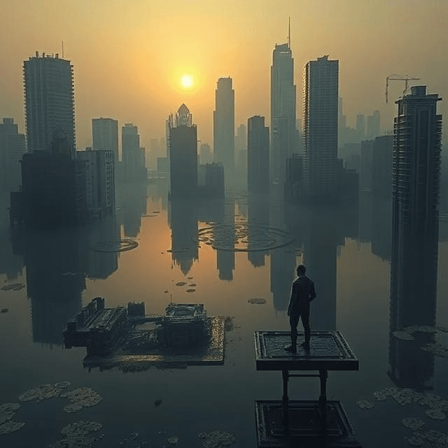 A submerged Los Angeles in the year 5000, with skyscrapers peeking out of the water, covered in algae, as a lone figure stands on a floating platform holding a mysterious photograph.