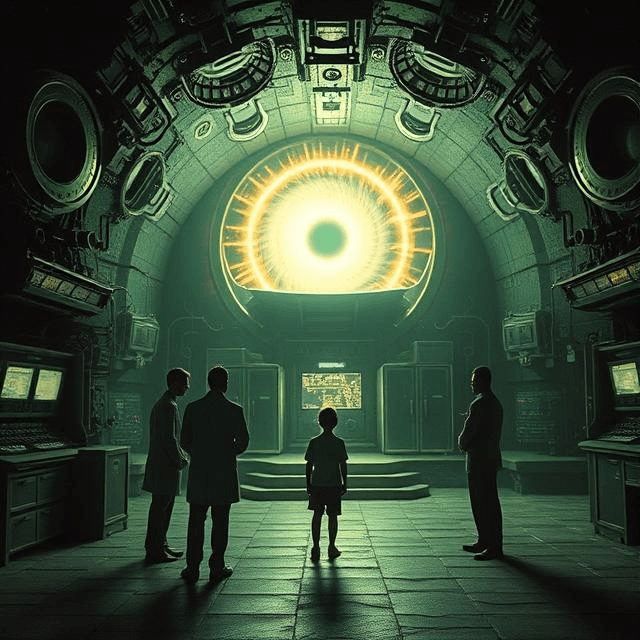 A secret underground lab in Montauk, New York, featuring a glowing time-travel machine, scientists, and military personnel watching as a young test subject stands near an eerie energy vortex.