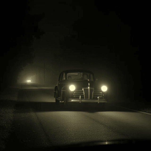 A mysterious 1940s black car with glowing headlights vanishing into thin air on a foggy Louisiana road at night, as shocked witnesses look on.