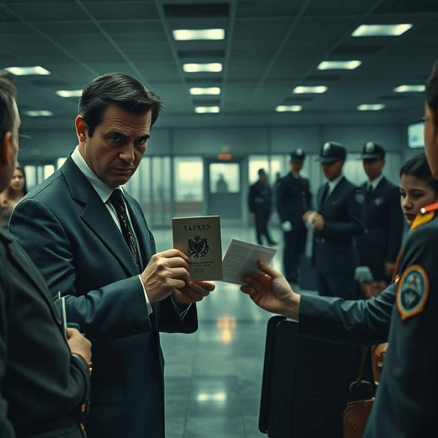 A mysterious man in a 1950s airport handing over a passport from 'Taured' to puzzled officials, with a guarded room in the background where he later vanished without a trace.