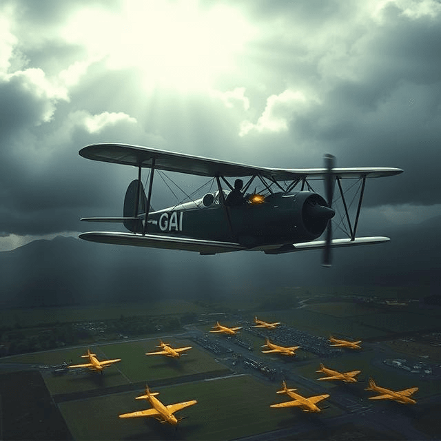 A vintage biplane flying through a storm as the clouds reveal a futuristic airfield with bright yellow planes, mirroring Victor Goddard’s eerie vision of the future.