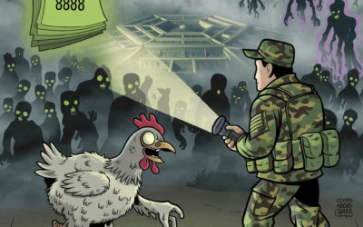 Conplan 8888 cover art: A soldier faces a Chicken Zombie at a foggy base, with the Pentagon zombie plan glowing and undead hordes lurking.