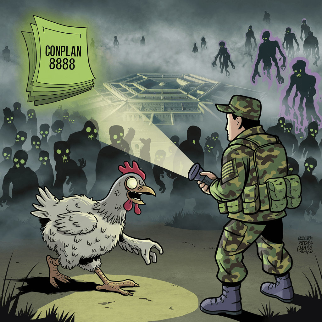 Conplan 8888 cover art: A soldier faces a Chicken Zombie at a foggy base, with the Pentagon zombie plan glowing and undead hordes lurking.
