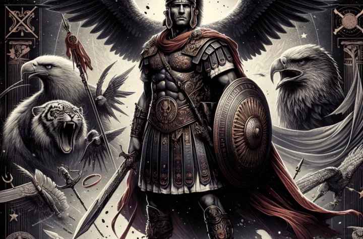 Dramatic portrayal of Romulus as a warrior with ancient Rome in the backdrop, encapsulating 'Romulus meaning' in the context of strength, leadership, and the city's divine origins.