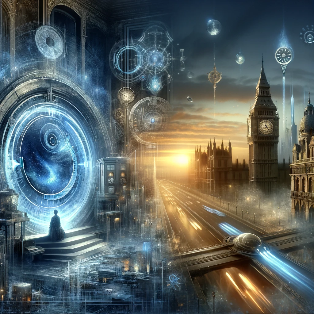 A captivating image blending futuristic technology with historical symbols, illustrating the concept of time travel.